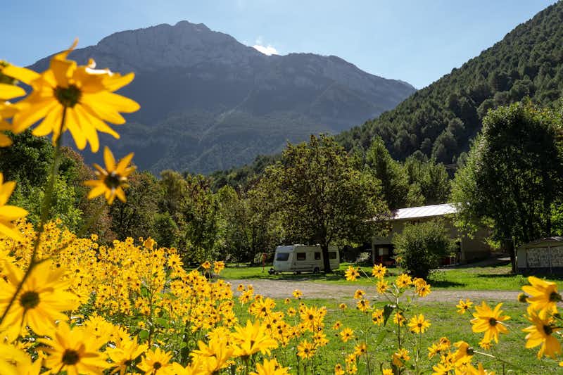 Camping Los Vives - Wohnwagen- und Wohnmobilstellplätzen auf dem Campingplatz mit Blick auf die Berge