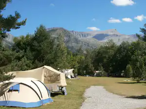 Campingzelte auf einer Wiese mit Kiesweg, umgeben von Bäumen, im Hintergrund Berge und blauer Himmel.