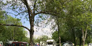 Parkplatz am Campingplatz im Grünen mit Autos, Wohnmobilen und Bäumen im Vordergrund.