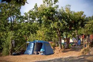 Zelt auf einem Campingplatz im Grünen unter großen Bäumen, mit Stühlen, Tisch und Wäscheleine am Rand.