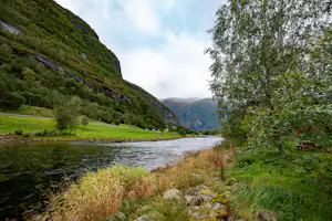 Flussufer mit Gras und Steinen, im Hintergrund grüne Berge und ein Tal, umgeben von Bäumen.