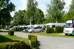 Campingplatz mit gepflastertem Weg, mehreren geparkten Autos und Wohnmobilen, Hecken und hohen Bäumen im Hintergrund.