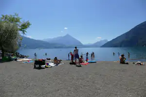 Camping Manor Farm (1) - Badestrand mit Blick auf Erde am Thunersee