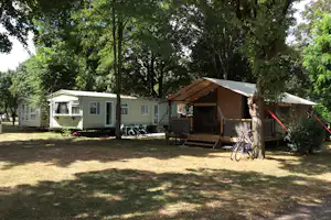 Wohnwagen und Terrassenzelt mit Markise auf dem Campingplatz, davor Stühle und Tisch, umgeben von Bäumen.