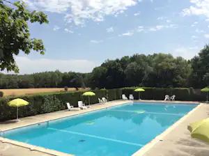 Camping-Pool mit blauem Wasser, weißen Liegestühlen und grünen Sonnenschirmen auf der Terrasse, umgeben von Hecken und Bäumen.