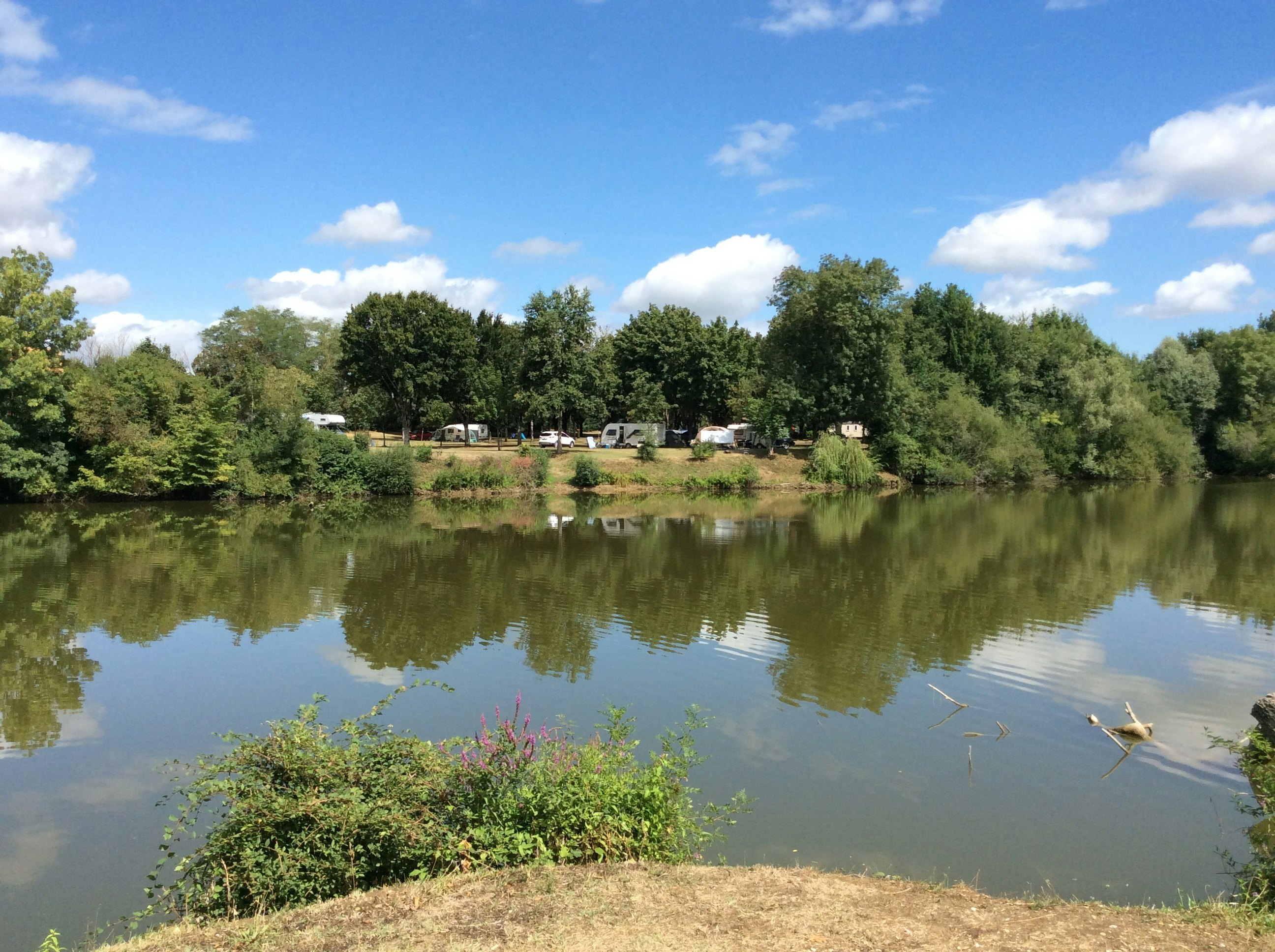 Ruhiger See am Campingplatz mit Uferböschung, Bäumen und Wohnwagen am Rand, reflektiert im Wasser.