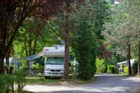 Camping Marmotel Wohnwagen - und Zeltstellplatz unter Bäumen auf dem Campingplatz