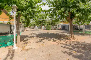 Campingplatz mit Zelten unter Bäumen, Kiesweg und Wäscheleine, im Hintergrund weitere Zelte und Wohnwagen.