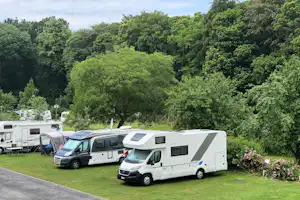 Wohnmobile und Wohnwagen auf einem Campingplatz, umgeben von Rasen und hohen Bäumen.