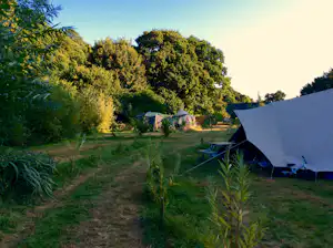 Zwei Campingzelte auf einem grasigen Stellplatz, umgeben von Büschen und Bäumen, mit Gartenwegen im Hintergrund.