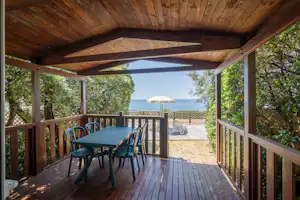 Miramare Village Apartments Camping - Terrasse eines Mobilheims mit Meerblick
