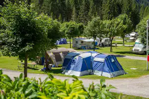 Zelte auf einem Campingplatz zwischen Bäumen, im Hintergrund weitere Wohnmobile und ein grüner Rasen.