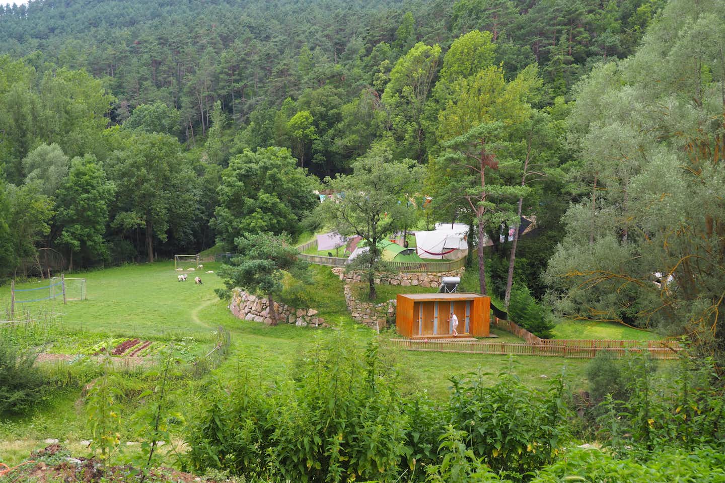 Camping Moli Serradell - Blick auf Sanitärgebäude, Fußballplatz, Volleyballfeld und Zeltplatz im Grünen auf dem Campingplatz