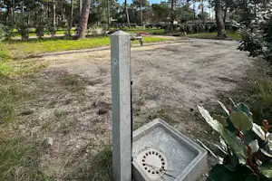 Schotterweg auf einem Campingplatz zwischen hohen Kiefern, mit Stromsäule und grauem Wasseranschluss im Vordergrund.
