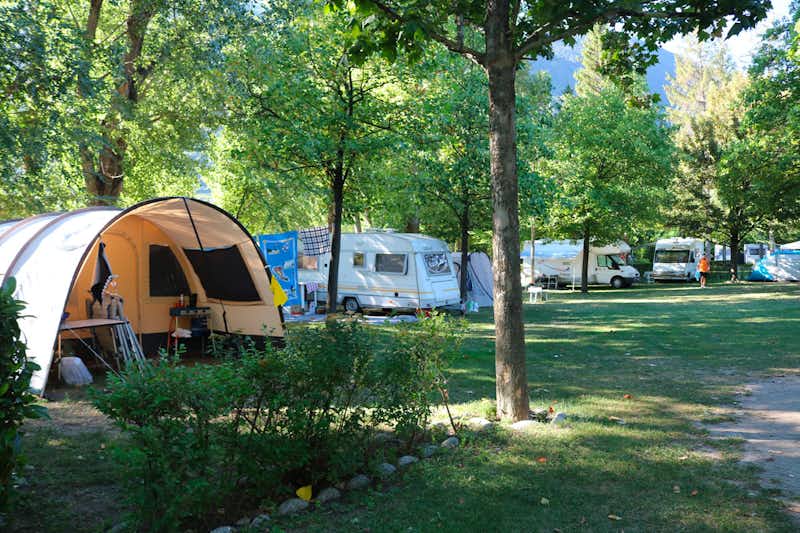 Camping Monte Bianco  -  Wohnwagen- und Zeltstellplatz zwischen Bäumen auf dem Campingplatz