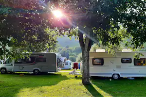 Wohnmobile auf einem Campingplatz auf einer grünen Wiese, im Hintergrund Bäume und ein Wohnwagen mit Markise.