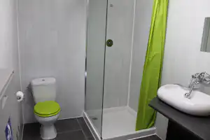 Modernes Badezimmer mit Dusche, WC und Waschbecken, grauen Fliesen und grünen Vorhängen an der Wand.