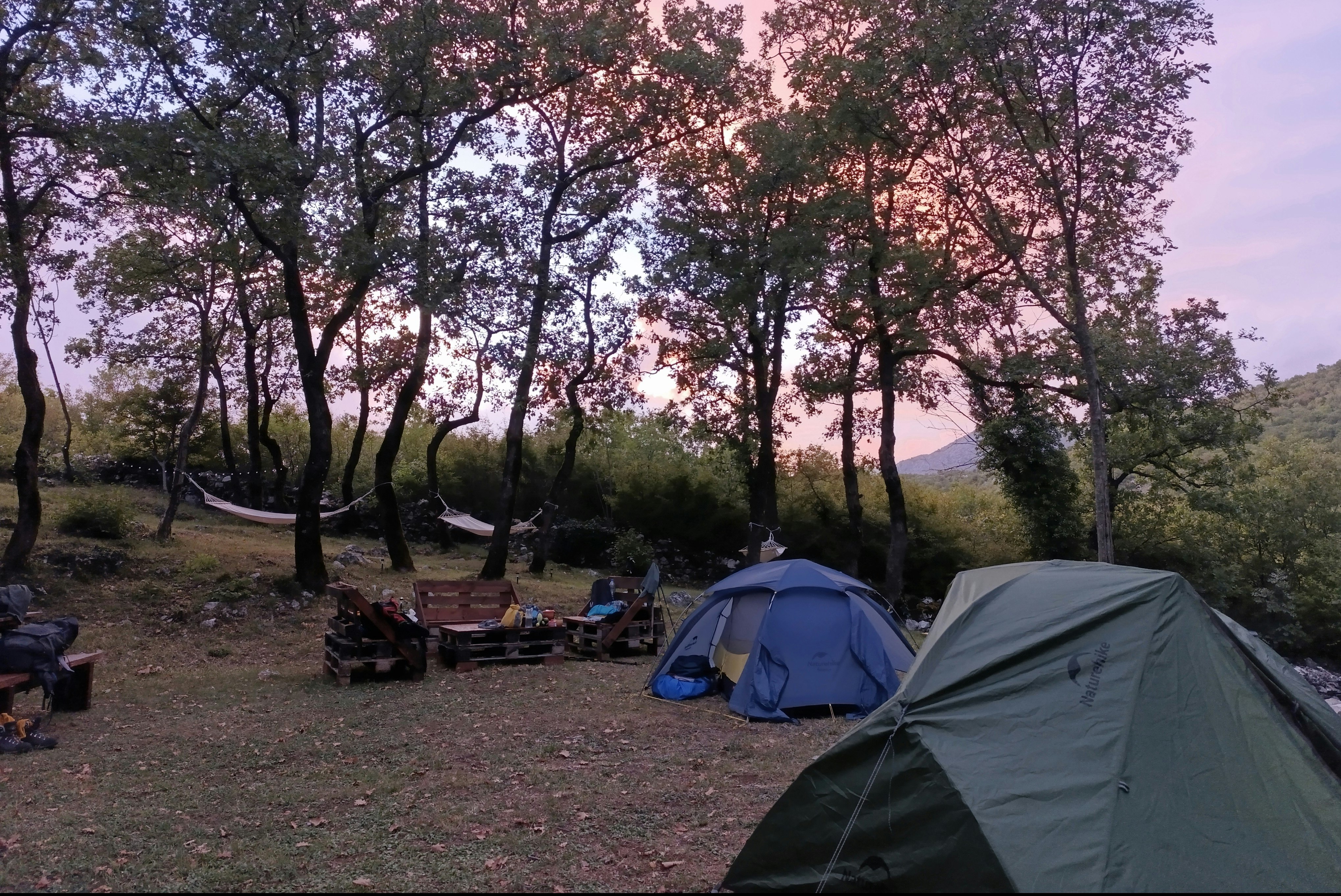 Zelte auf einem Campingplatz im Wald zwischen Bäumen, mit Sitzgelegenheiten und Picknicktisch am Boden.