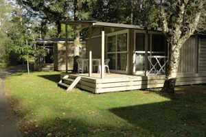 Village de Gîtes Le Pont Aubert - Mobilheime zwischen Bäumen auf dem Campingplatz