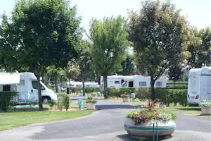 Wohnmobile auf einem Campingplatz, zwischen hohen Bäumen und Hecken, mit Kiesweg und Stellplätzen im Hintergrund.