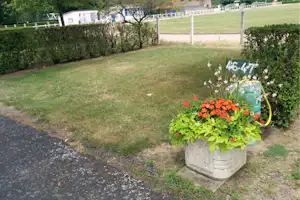 Blumen im Pflanzkübel vor einem Rasen mit Stellplatzschild 46-47, Hecke und weißen Gebäuden im Hintergrund.