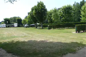 Campingplatz mit Rasenfläche, Hecken und hohen Bäumen; mehrere Stellplätze mit Wohnwagen und Autos am Rand.