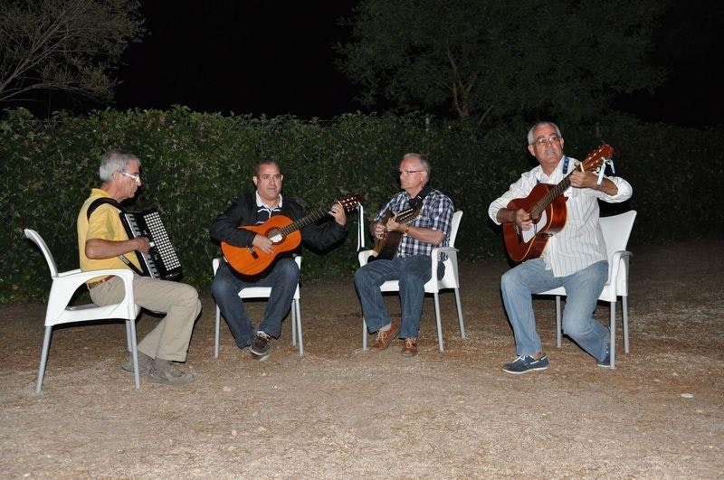 Vier Musiker sitzen auf weißen Stühlen im Freien und spielen Akkordeon, Gitarre und Geige vor Hecke und Bäumen.