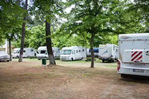Wohnmobile auf einem Campingplatz zwischen Bäumen, mit Grasfläche und mehreren geparkten Fahrzeugen im Hintergrund.