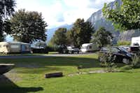 Camping Murg am See  -  Wohnwagen- und Zeltstellplatz zwischen Bäumen auf dem Campingplatz