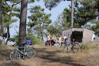 Camping Naturiste CHM Montalivet  -  Wohnwagen- und Zeltstellplatz zwischen Bäumen auf dem Campingplatz