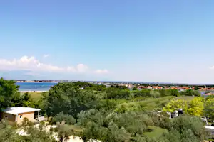 Blick vom Campingplatz über grünes Gelände mit Bäumen, kleinen Gebäuden und einer Bucht in der Ferne.