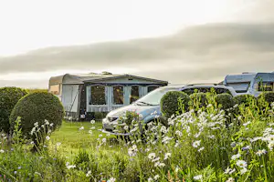 Wohnwagen und Campingbus stehen auf einem gepflegten Stellplatz, umgeben von Blumenbeeten und Hecken.