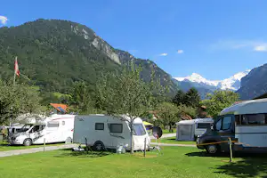 Camping Oberei (8) - Wohnwagen- und Zeltstellplatz zwischen Bäumen mit Blick auf die Berge