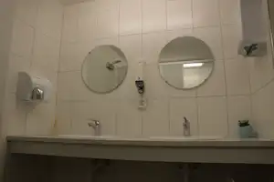 Waschbecken mit Armatur und zwei runden Spiegeln an gefliester Wand, daneben Seifenspender und Pflanzenvase.