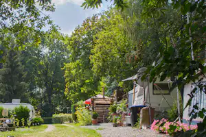 Zelt auf einem Campingplatz mit Kiesweg, Topfpflanzen und Bäumen im Hintergrund.