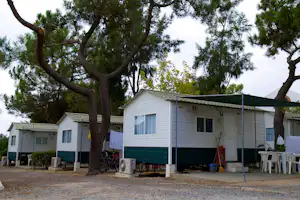 Mobilheim mit Terrasse und Markise, davor Fahrräder und Mülltonnen, umgeben von Bäumen auf dem Campingplatz.
