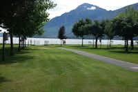 Camping Panorama  -  Stellplatz vom Campingplatz auf grüner Wiese mit Blick auf die Alpen und den See