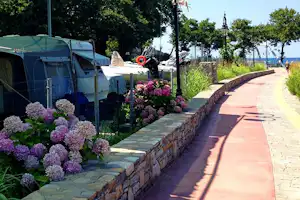 Campingweg mit Steinmauer, bunten Blumenbeeten und geparktem Wohnwagen am Rand, dahinter Bäume und Blick zum Wasser.