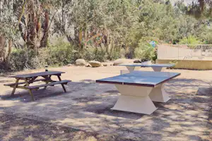 Weiße Picknicktische und ein Pool auf einem Campingplatz, umgeben von Bäumen und Sträuchern.