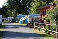 Camping Paradiso Lago - Strasse auf dem Campingplatz mit Stellplätzen an beiden Seiten