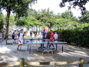 Tischtennisplatte auf einem Campingplatz zwischen Bäumen, mehrere Personen stehen und spielen im Hintergrund.