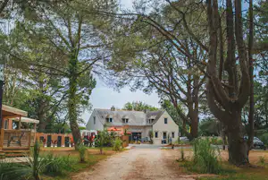 Weg durch den Campingplatz mit Bäumen und Grünflächen, im Hintergrund Gebäude mit Terrasse und Eingang.