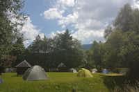 Camping-Park Oberammergau - Zeltwiese im Grünen mit Wohnwagenstellplätzen im Hintergrund auf dem Campingplatz