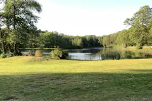 Weite Wiese am Campingplatz mit Blick auf einen ruhigen See, Bäume und einen kleinen Steg am Ufer.