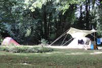 Camping Penguilly - Zelte umgeben von Bäumen auf dem Campingplatz