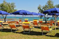 Camping Pilone - Liegestühle und Sonnenschirme auf einer Wiese mit Blick auf das Mittelmeer