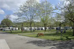 Campingplatz mit Stellplätzen für Wohnmobile und Wohnwagen, gepflasterter Weg, Rasen und Bäume im Hintergrund.