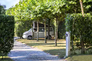 Wohnmobil auf einem Campingplatz-Stellplatz zwischen Bäumen, mit Kiesweg und Hecke im Hintergrund.
