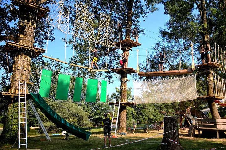 Seilparcours im Grünen: Netz und Holzplattformen zwischen Bäumen, mit Kletterseilen und Sicherheitsgeländern.