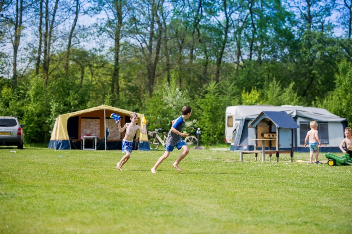 Camping Ponderosa - Kinder spielen auf der Wiese zwischen den Standplätzen